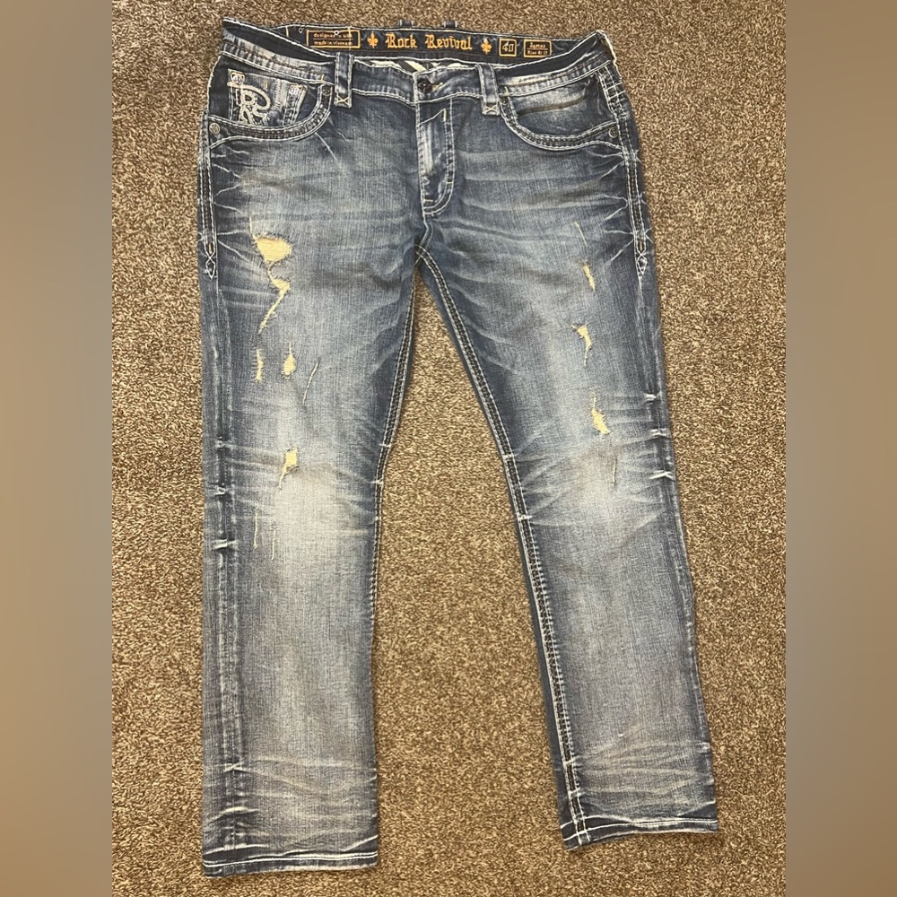 Men’s Rock Revival Jeans 40x32 “James St. 17” Relaxed Distressed Stitch Boot 220